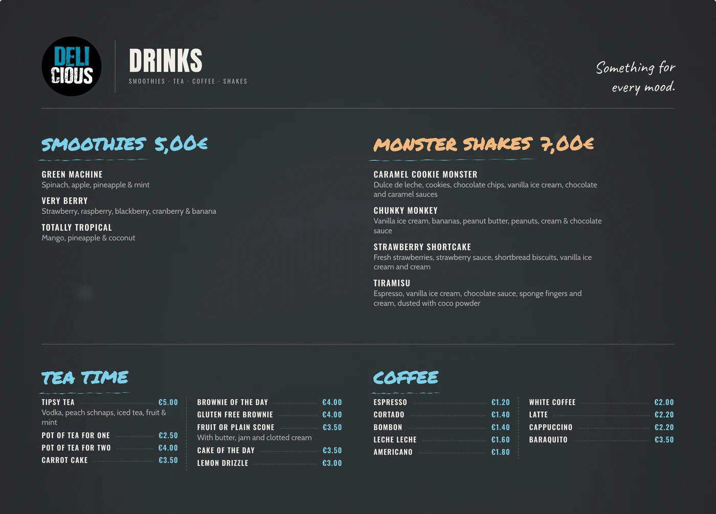 Delicious Drinks menu, dark theme — print design