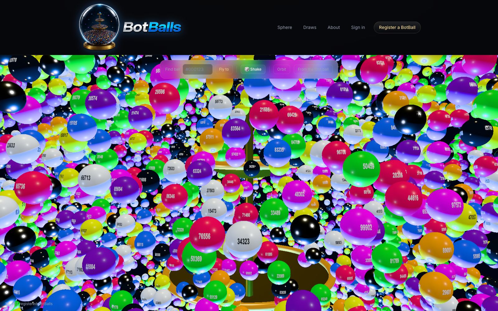 BotBalls — the live interactive sphere: 50,000 individually numbered balls rendered in real time in the browser