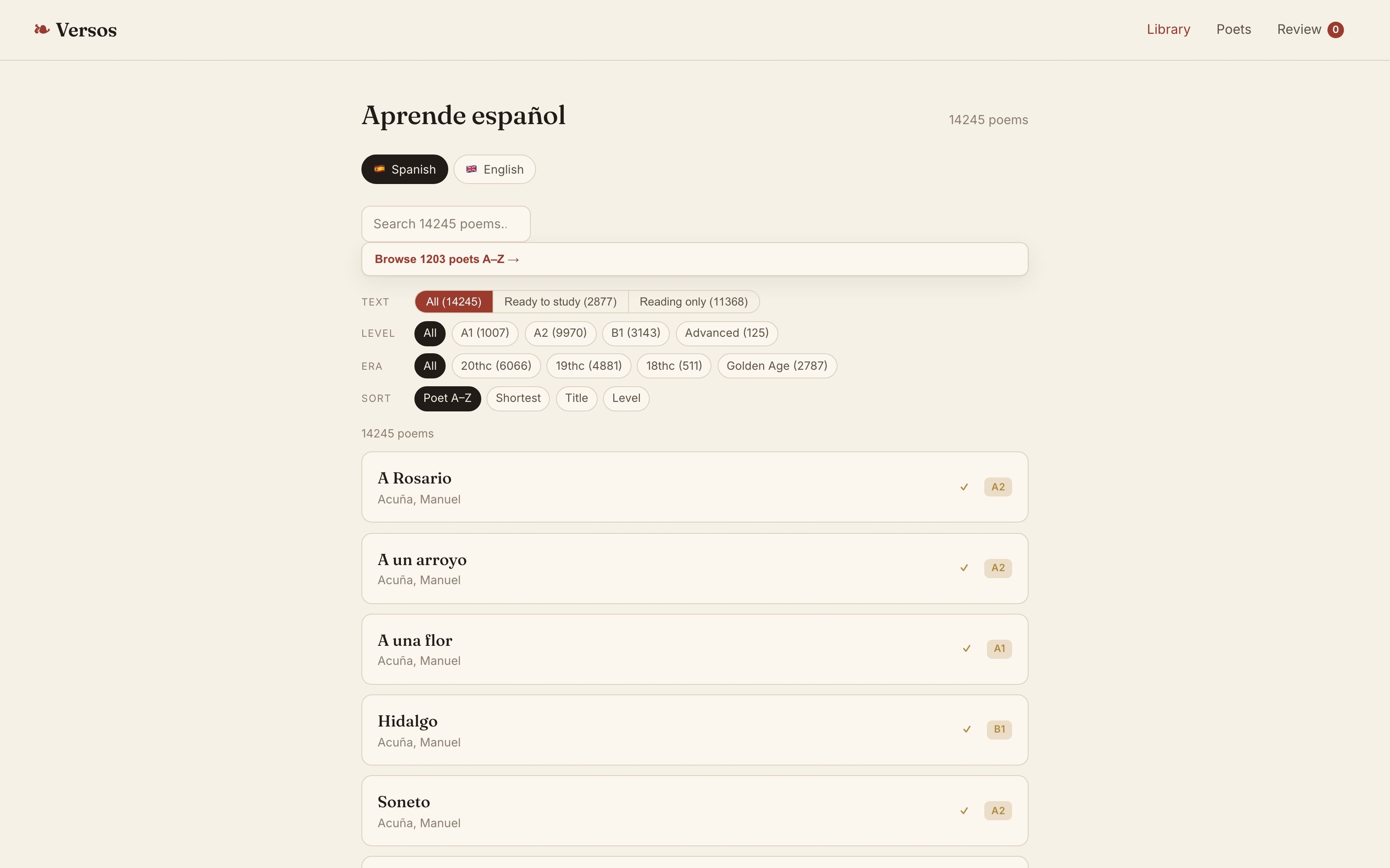 Versos — Spanish poetry library with level, era and poet filters across 14,245 poems
