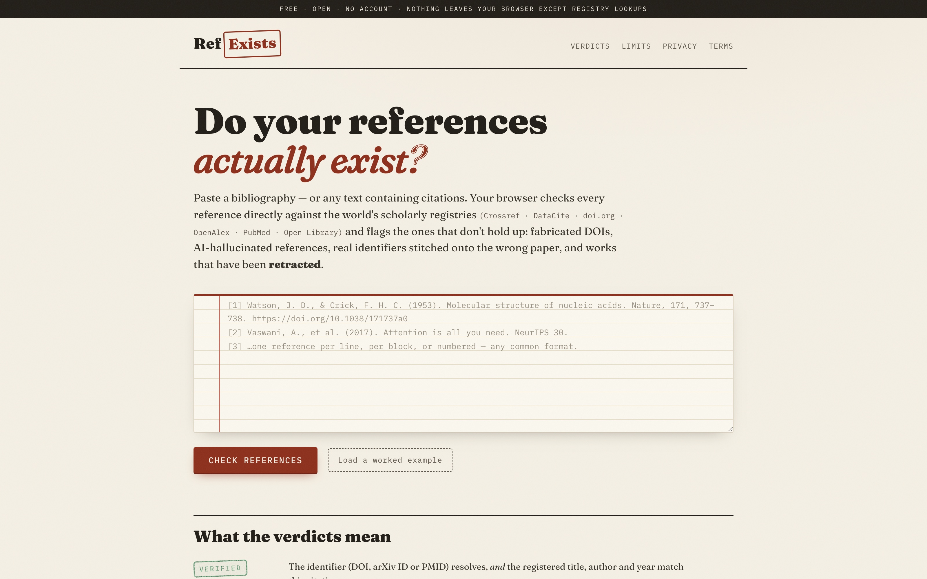 RefExists — homepage with paste-in bibliography checker under the headline 'Do your references actually exist?'