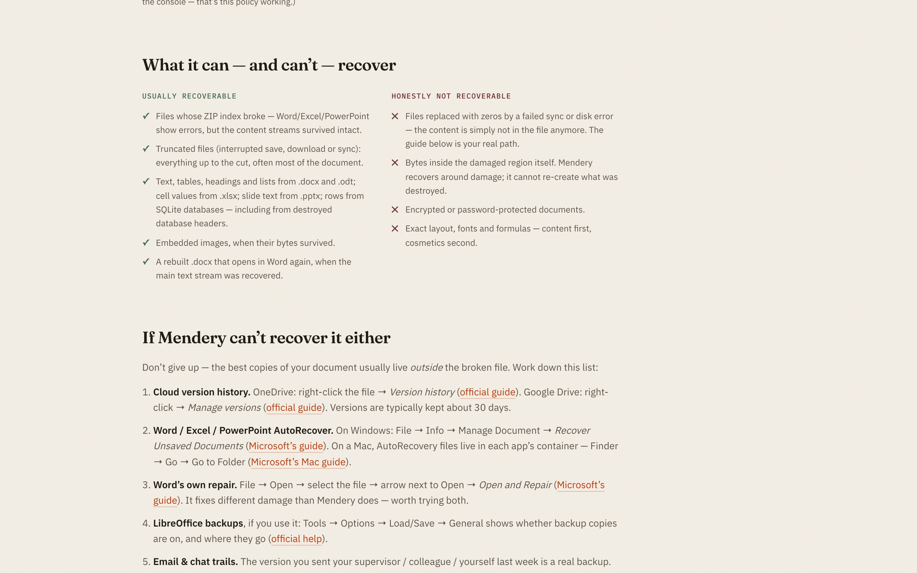 Mendery — what it can and can't recover, with the recovery checklist beneath