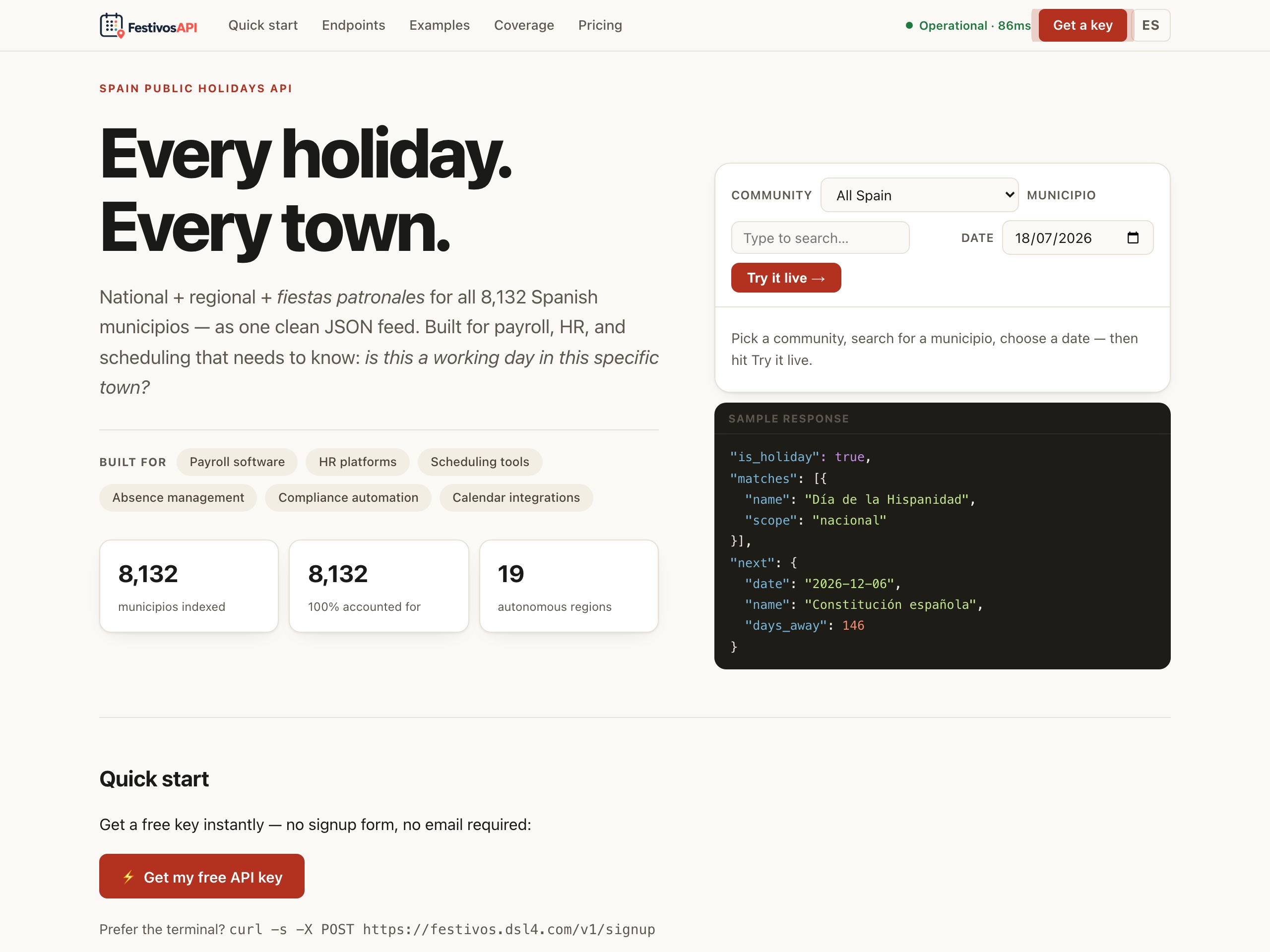 FestivosAPI — live site, designed and built by Viva Grafix