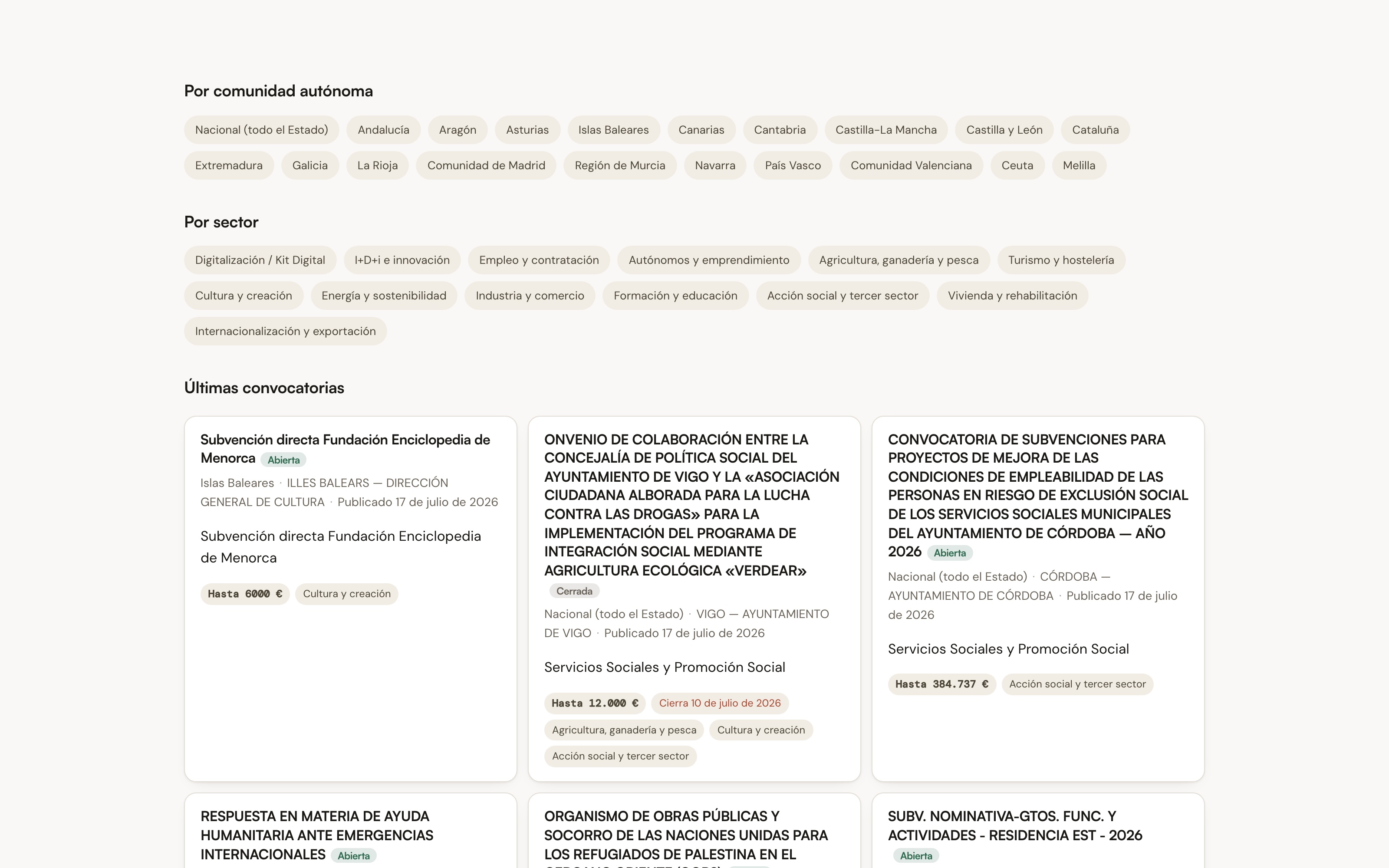 Subvenio — grant browser filtered by region and sector, cards carrying amounts and deadlines