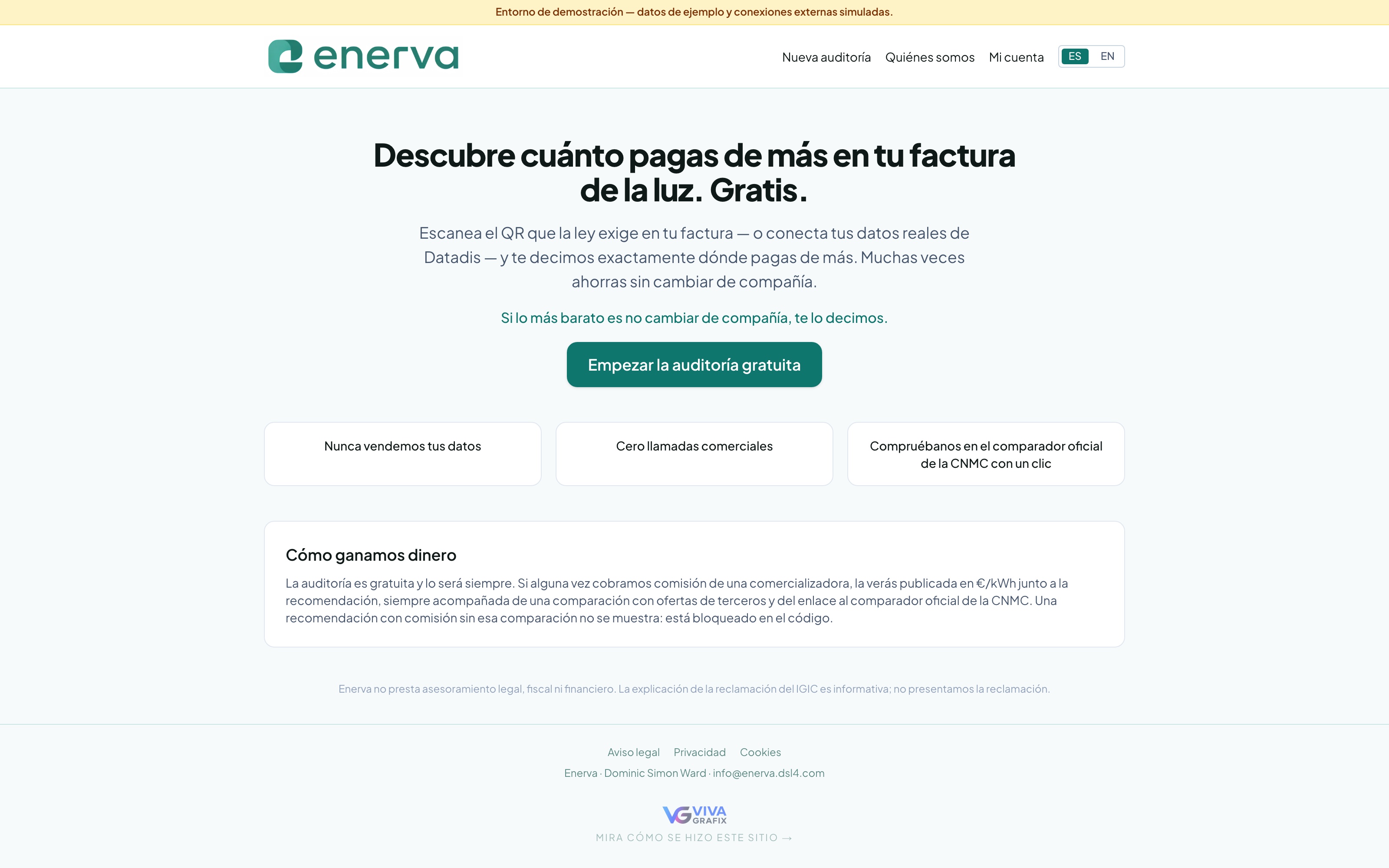 Enerva — free electricity-bill audit hero with the 'how we make money' transparency box