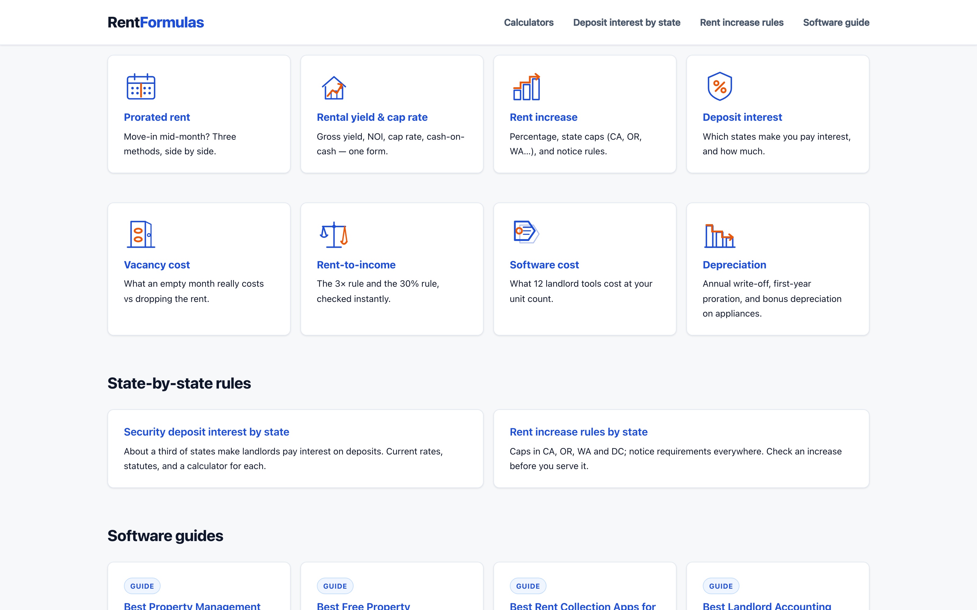 RentFormulas — calculator grid with state-by-state deposit interest and rent increase rules below