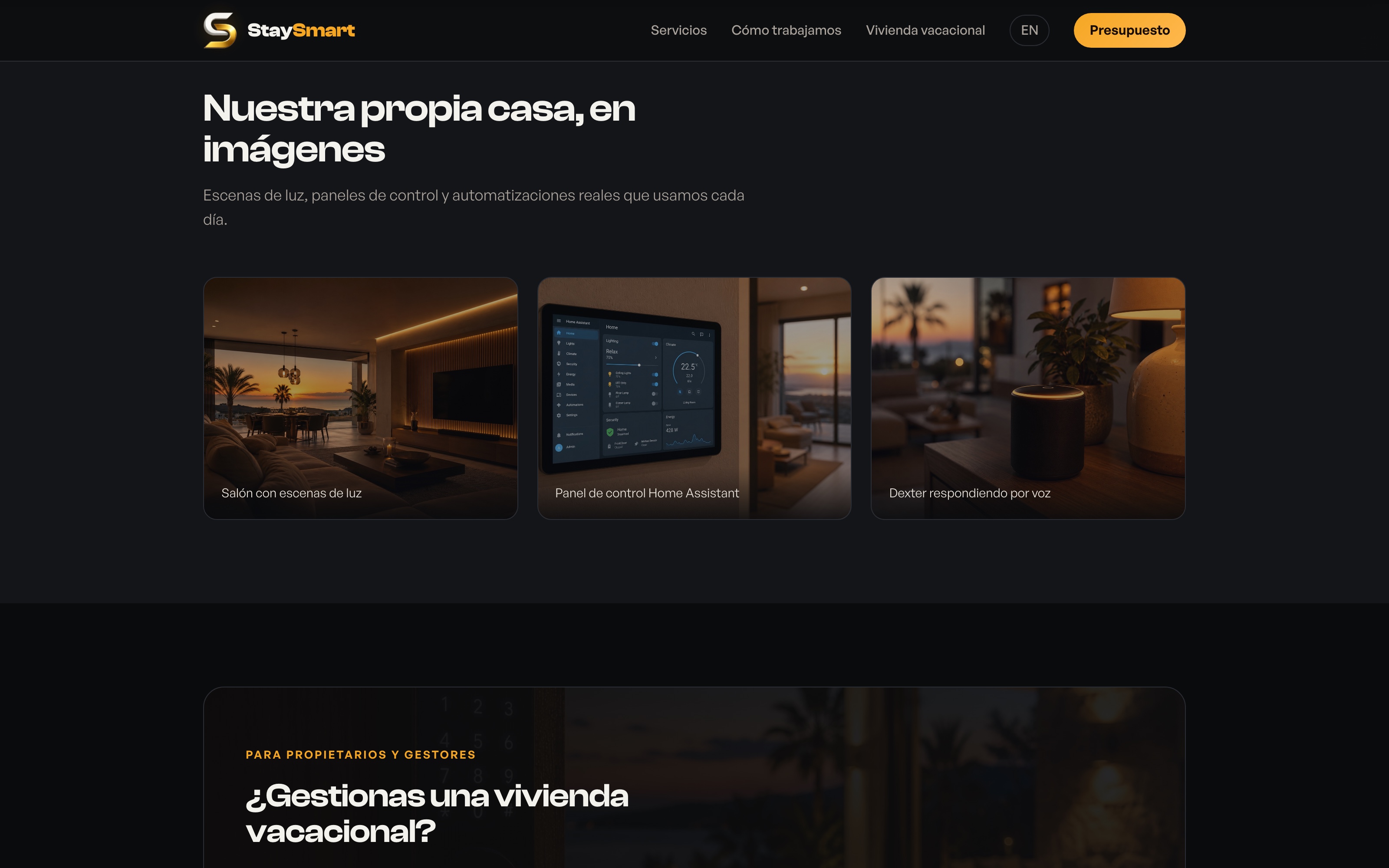 StaySmart Services — gallery: salón light scenes, Home Assistant wall panel, voice assistant answering