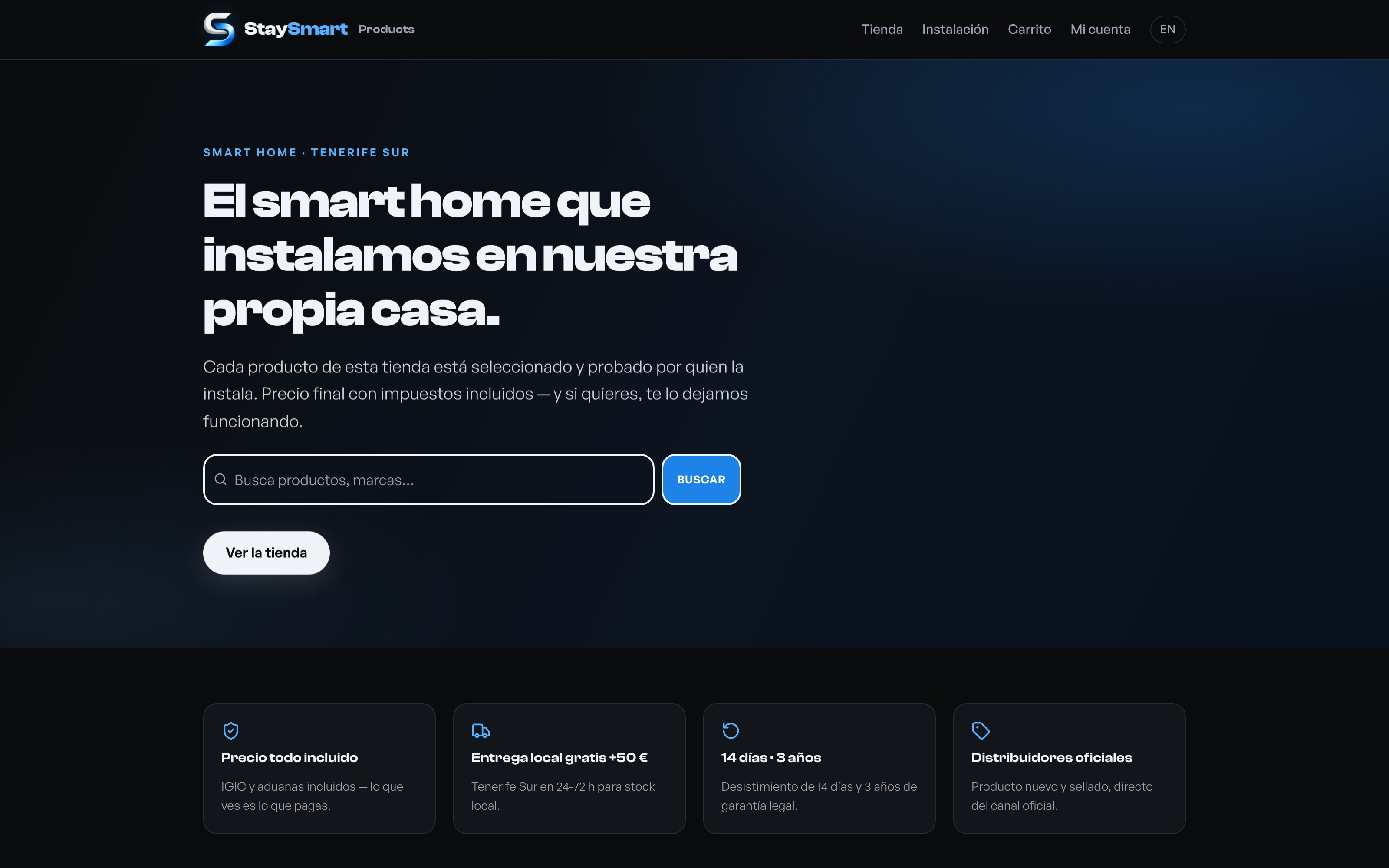 StaySmart Products — shop hero: the smart home we install in our own house, prices final with taxes included