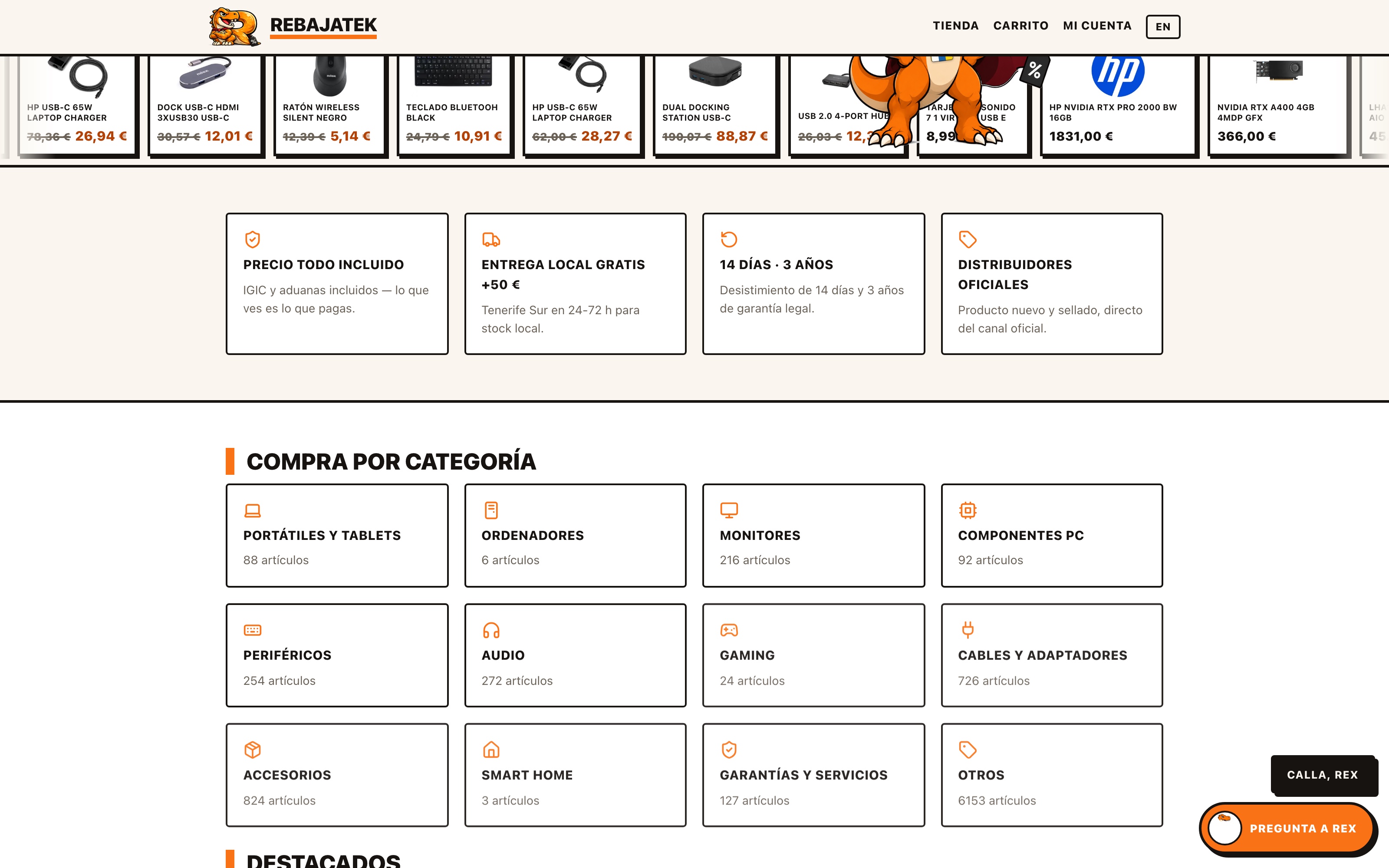 Rebajatek — Rex the mascot standing over the deals row, above the four promise cards: precio todo incluido, entrega local gratis, 14 días · 3 años, distribuidores oficiales