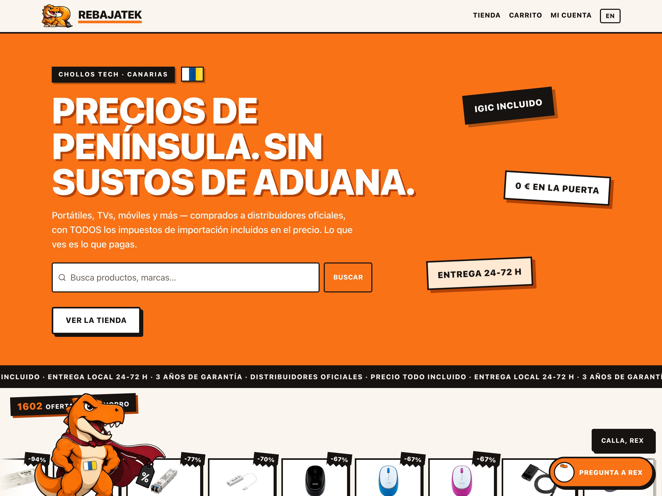 Rebajatek — live site hero: mainland prices, no customs surprises — designed and built by Viva Grafix