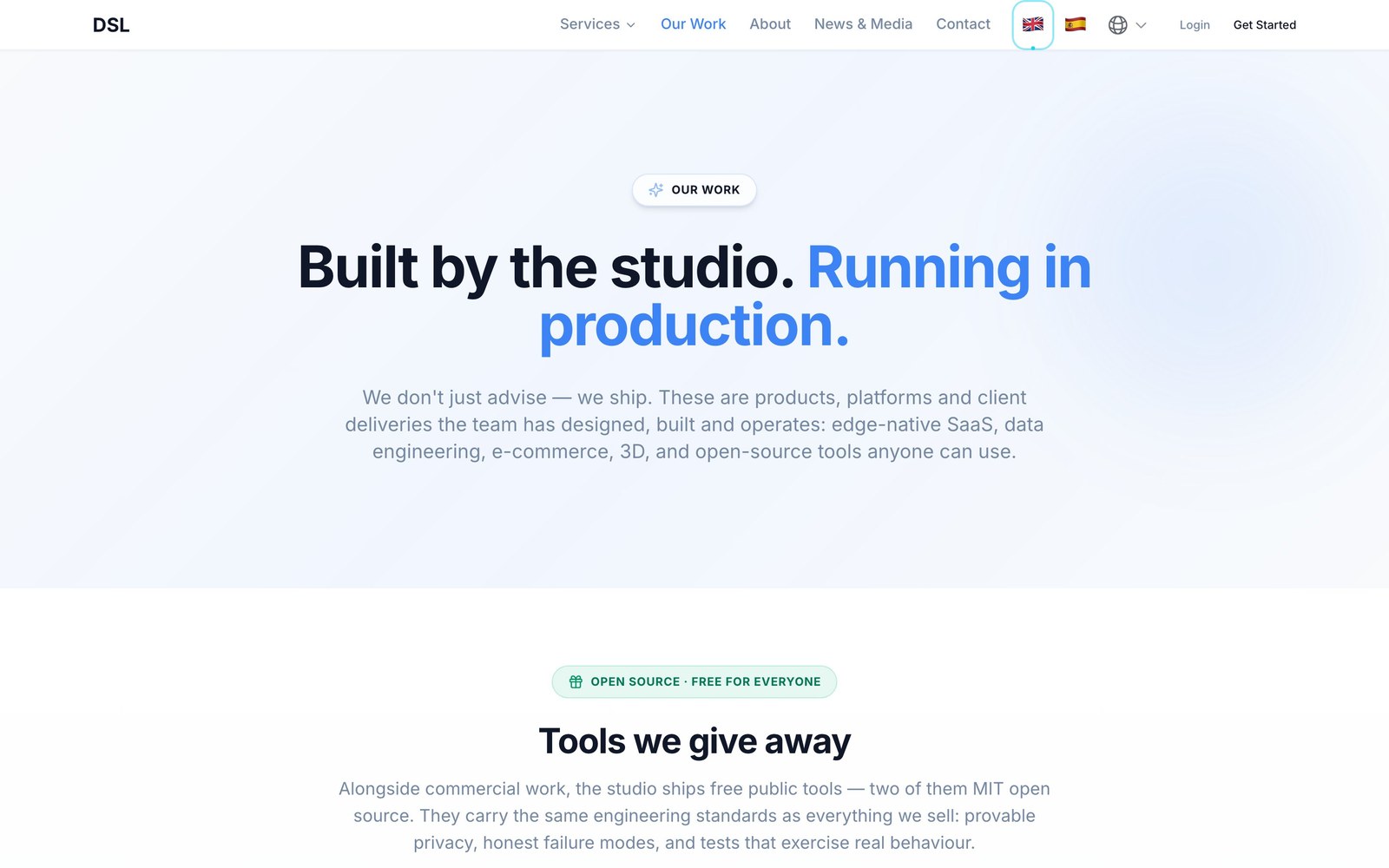DSL4 — Our Work page: built by the studio, running in production, with the open-source tools below